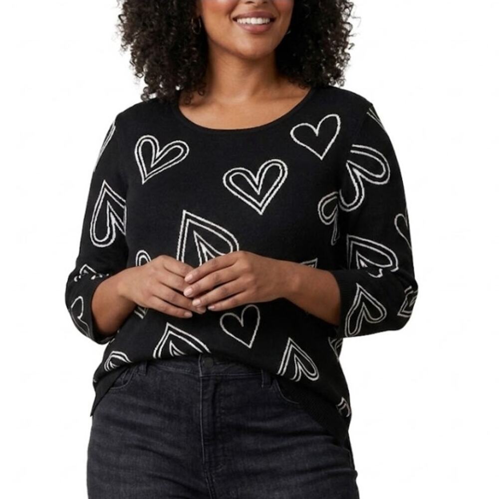 CHICO'S Heart Pullover Sweater 3/4 Sleeve Round Neck Black White Womens Size L
